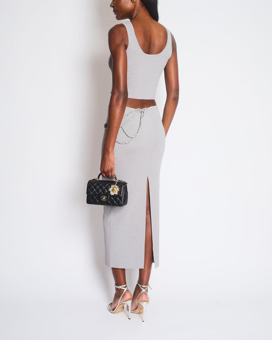 Christopher Esber Grey Crystal-Embellished Rope Cutout Ribbed Knit Top and Matching Midi Skirt Size S (UK 8)