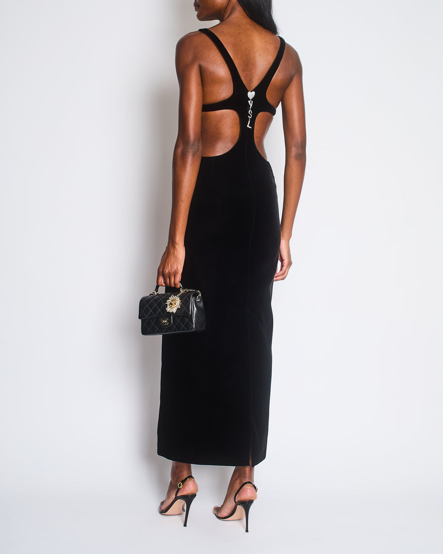 Saint Laurent Black Velvet Cutout Midi Dress with Logo and Heart Charm Embellishment Size FR 36 (UK 8) RRP £2476
