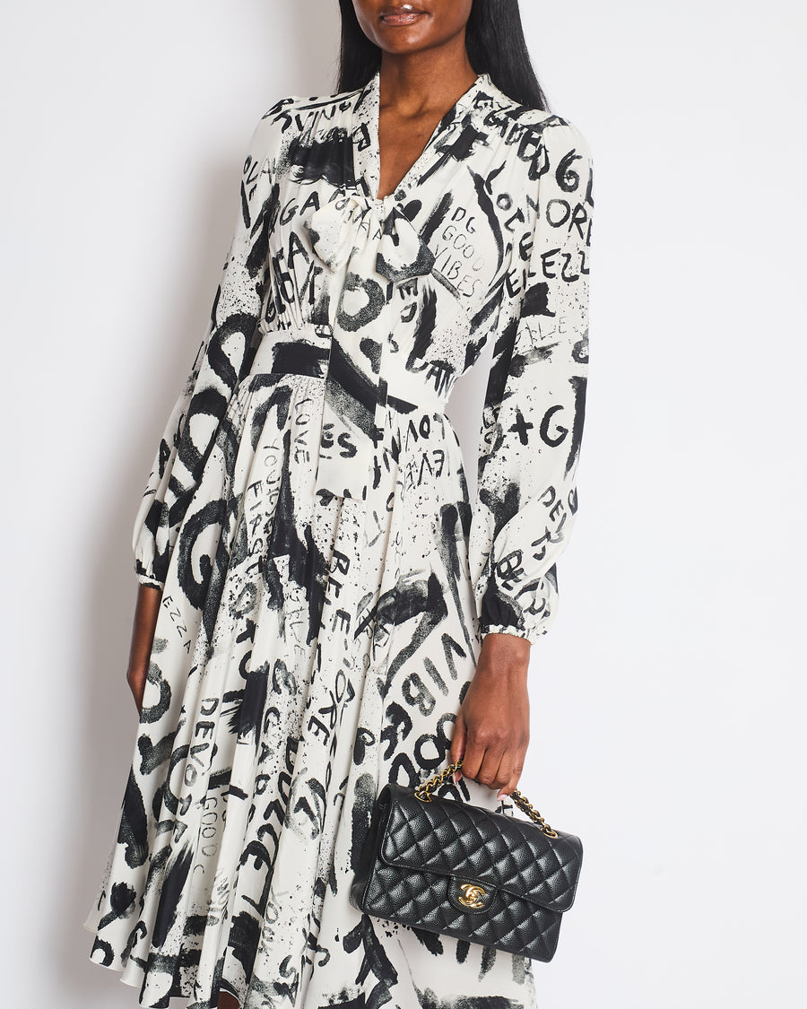 Dolce & Gabbana Black and White Graffiti Print Silk Dress Size IT 38 (UK 6)