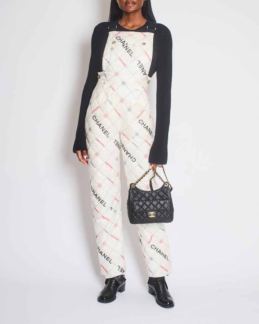 Chanel White Quilted Ski Jumpsuit with Crystal Logo Details Size FR 34 (UK 6)