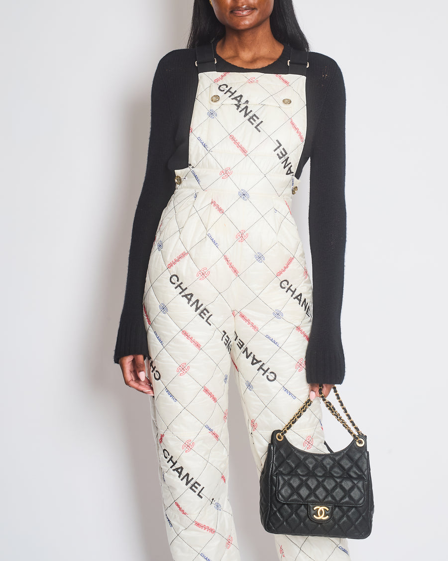 Chanel White Quilted Ski Jumpsuit with Crystal Logo Details Size FR 34 (UK 6)