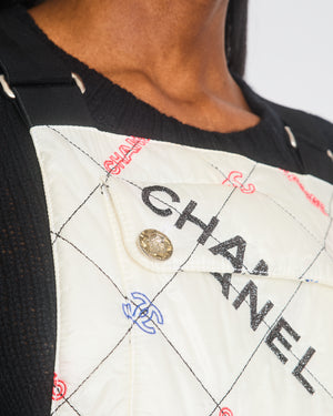 Chanel White Quilted Ski Jumpsuit with Crystal Logo Details Size FR 34 (UK 6)