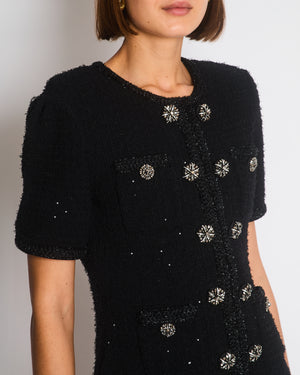 Self-Portrait Black Short Sleeve Tweed Midi Dress with Embellished Button Detail Size M (UK 12/14)