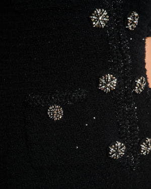 Self-Portrait Black Short Sleeve Tweed Midi Dress with Embellished Button Detail Size M (UK 12/14)