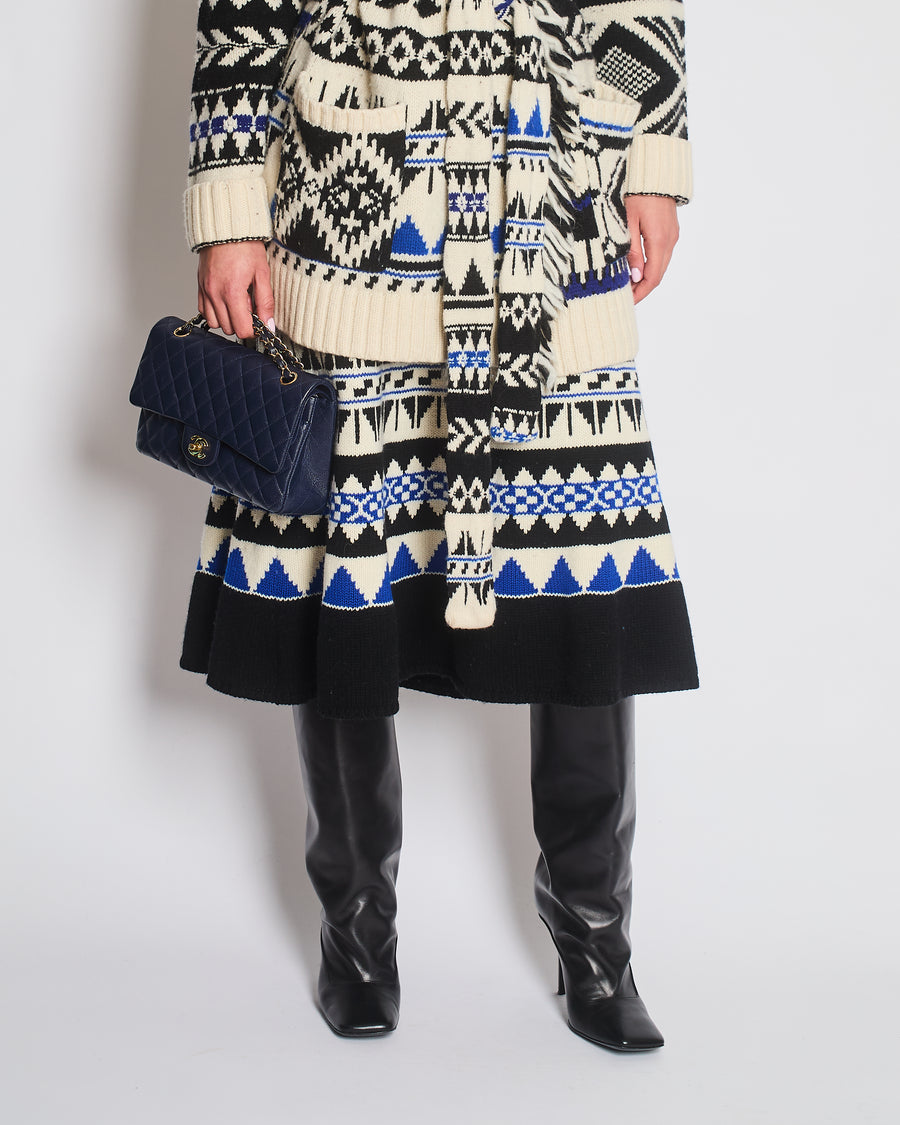 Polo Ralph Lauren White, Blue, and Black Wool and Cashmere Intarsia Knit Midi Skirt Size L (UK 12) RRP 495£