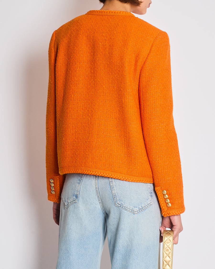 Celine Orange Tweed Round Neck Jacket with Logo Button Detail Size FR 38 (UK 10)