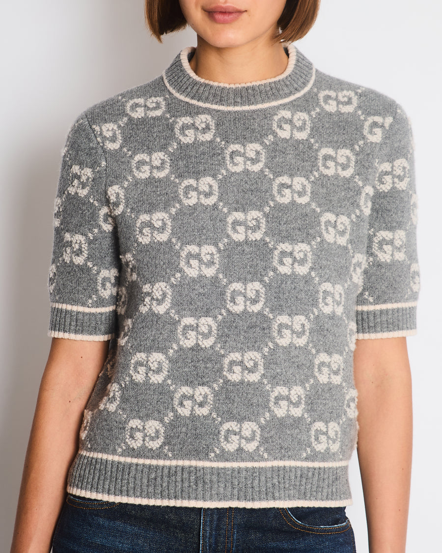 Gucci Jacquard Knit Wool Top in Grey & Ivory Size M (UK 10) RRP £920