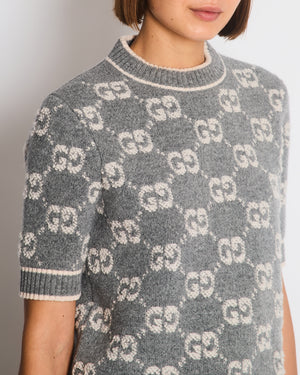 Gucci Jacquard Knit Wool Top in Grey & Ivory Size M (UK 10) RRP £920