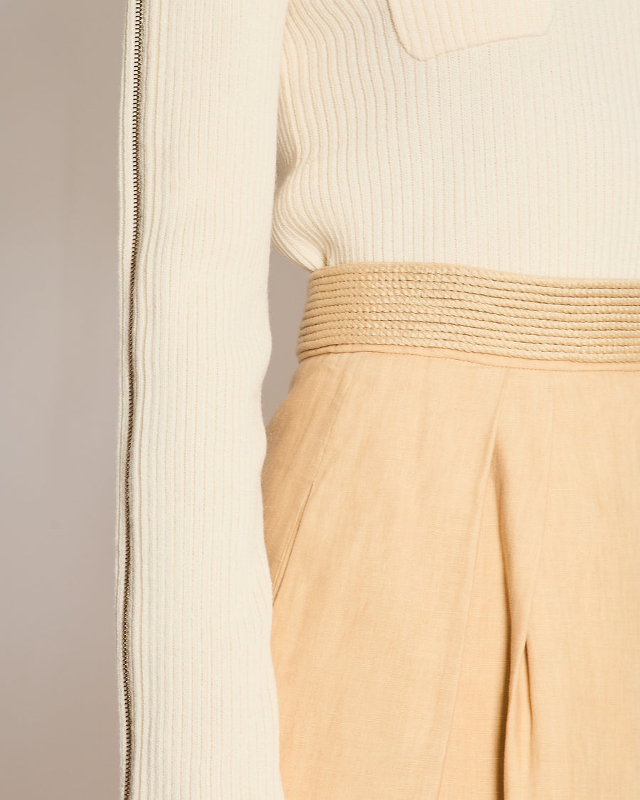 Hermès Beige Linen Midi Skirt with Braided Waist Detail Size FR 38 (UK 10)
