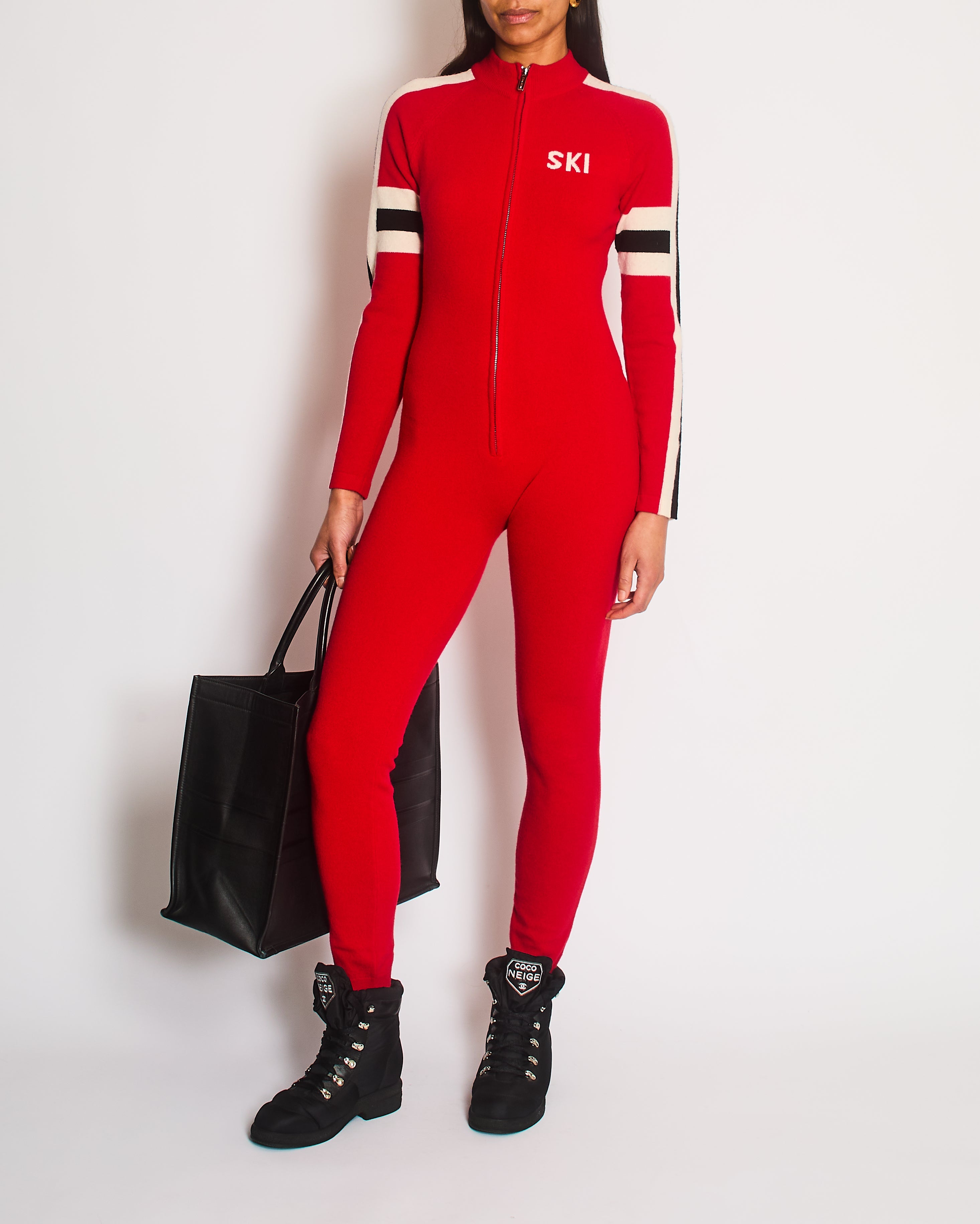 Izaak Azanei Merino Red Ski Jumpsuit With Black and White Stripe