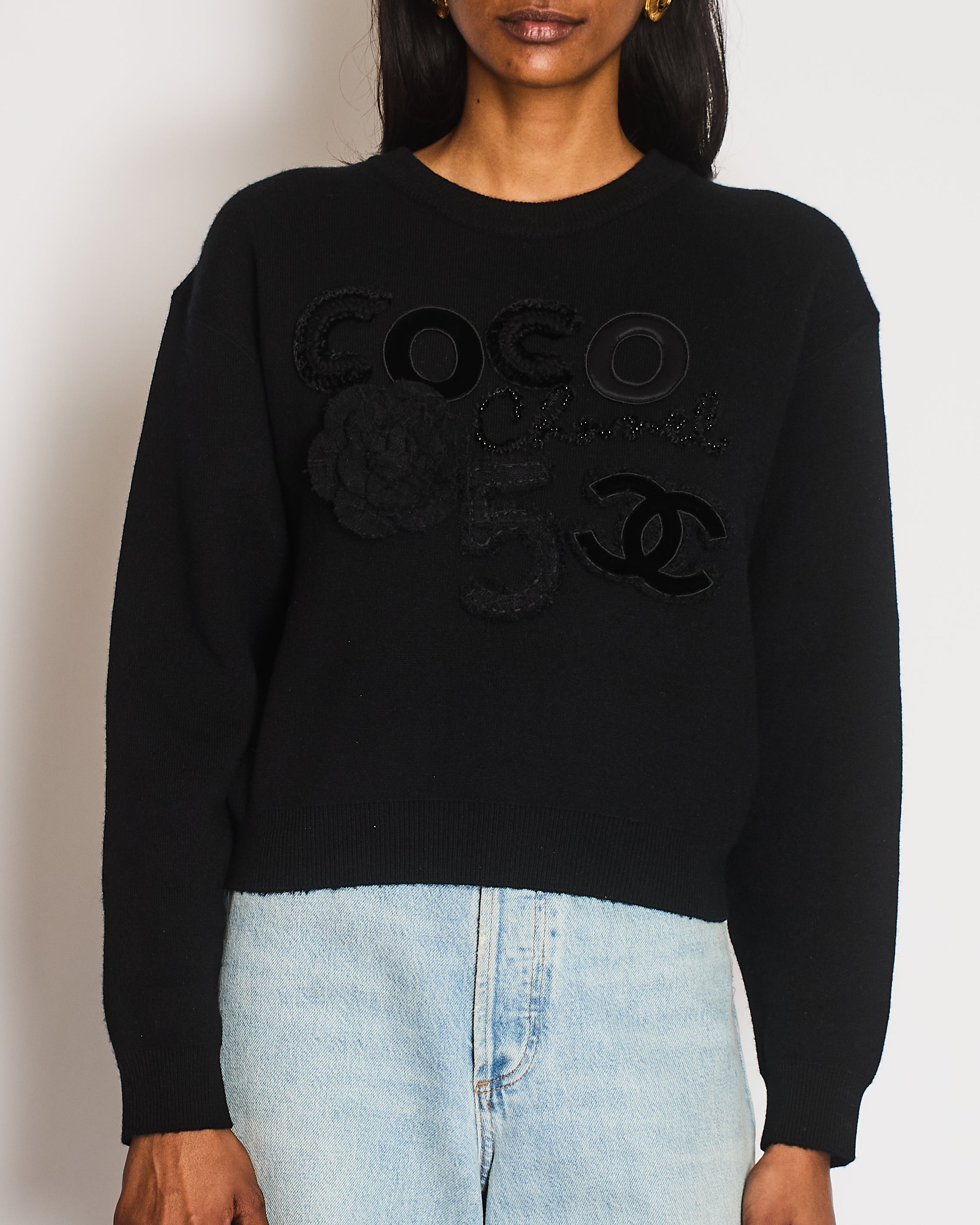 Chanel Black Cashmere Coco Sweater with Coco Chanel Embroidery and