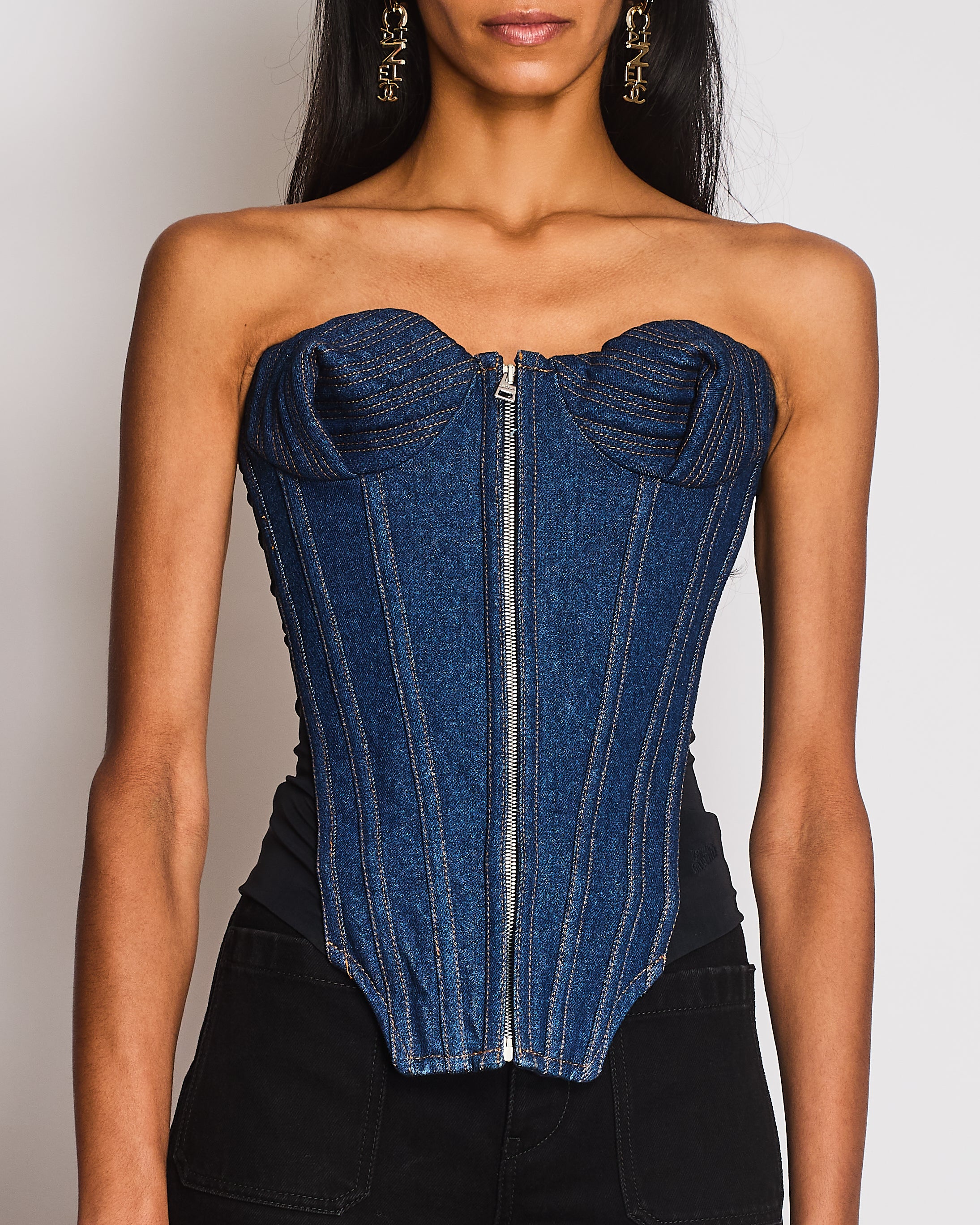 本日限定　MOUSSY BUSTIER DENIM 2 Jean Paul Gaultier Blue Denim Corseted Bustier Top Size FR 34 (UK