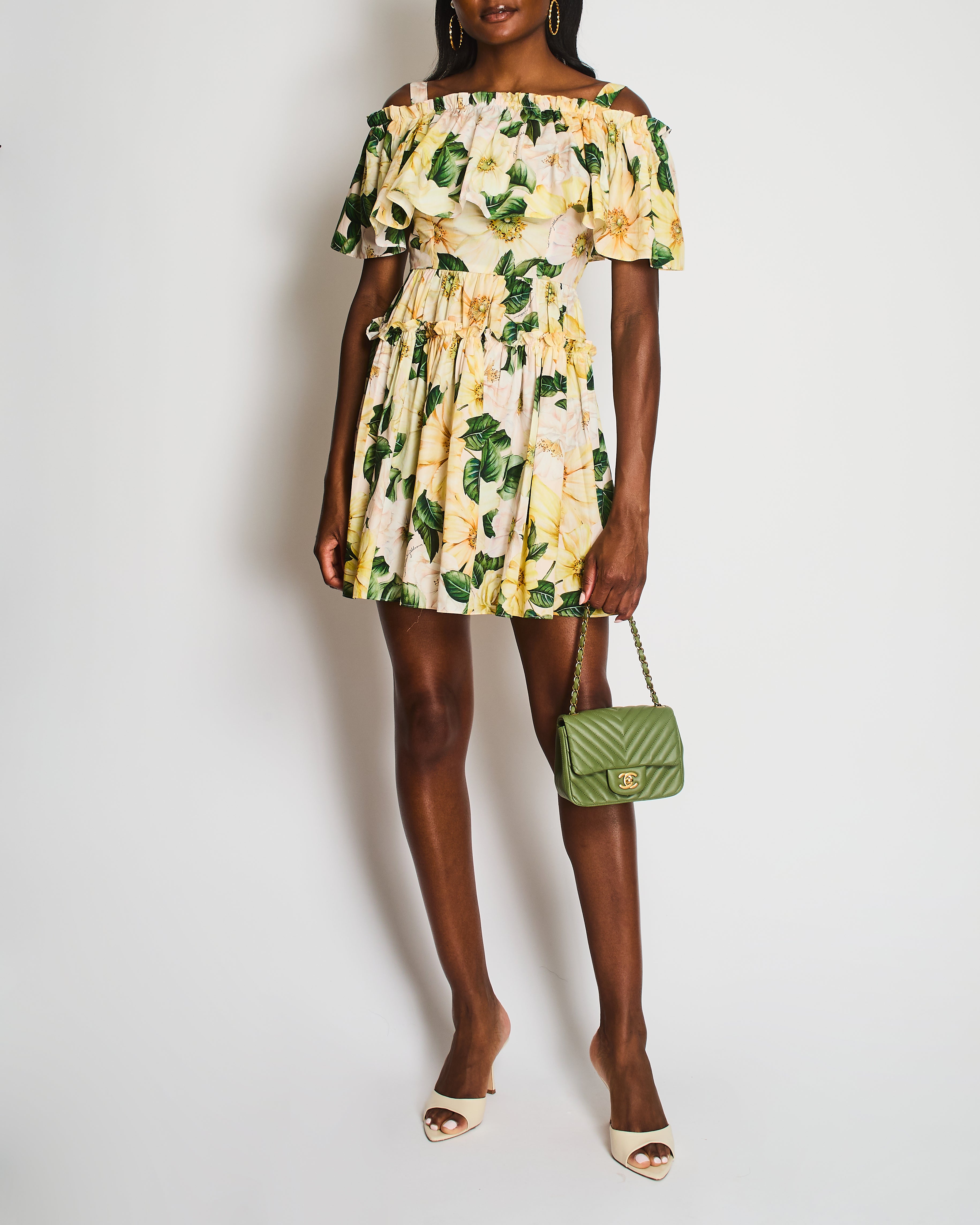 dolce and gabbana yellow dress Dolce & Gabbana Yellow Floral Print Off-Shoulder Ruched Mini Dress Siz – Sellier