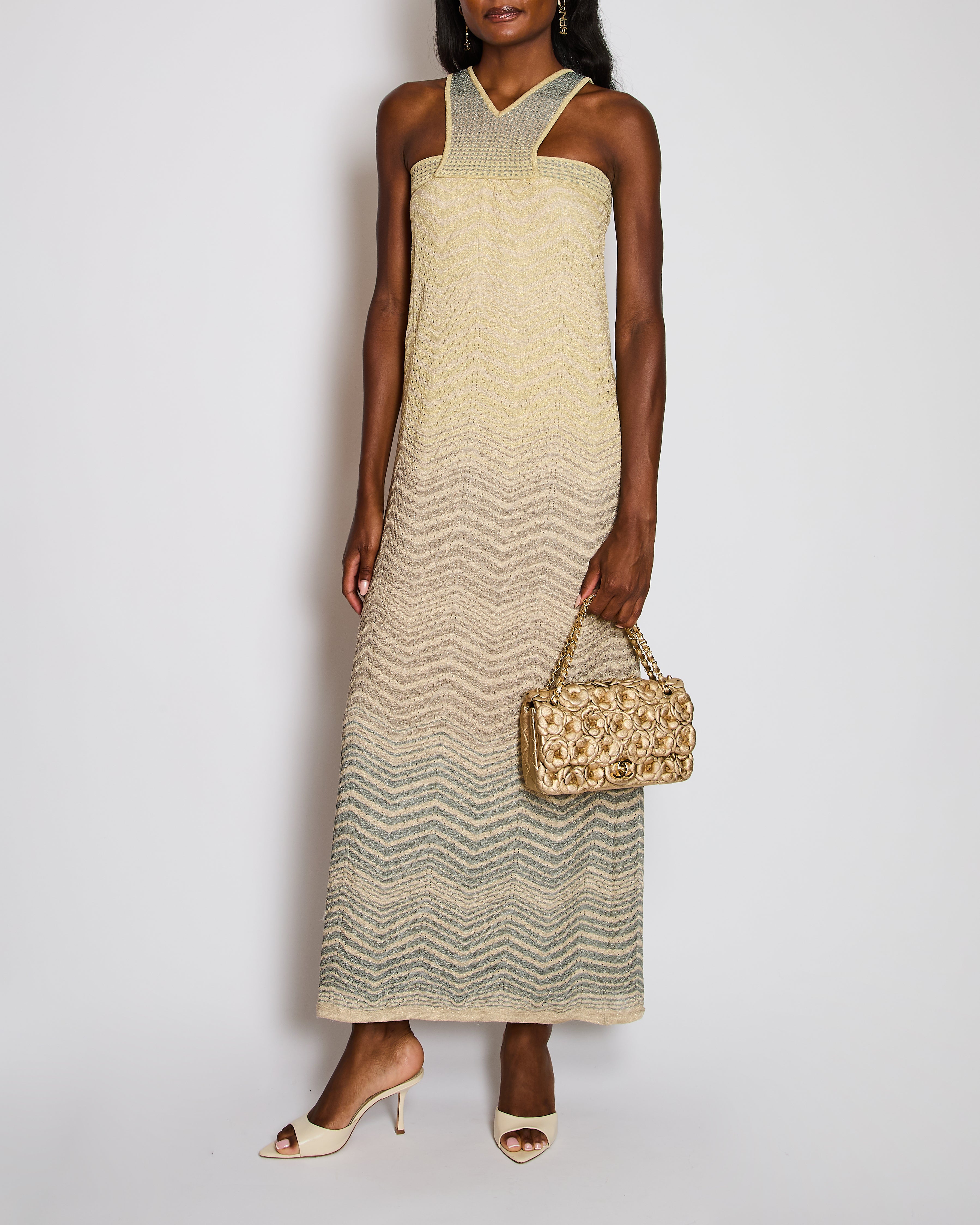 M Missoni Yellow V-Neck Sleeveless Knitted Maxi Dress Size IT 38