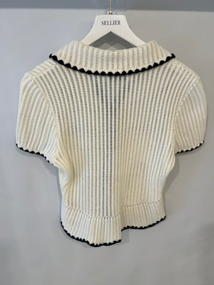 Self Portrait Cream Knit Top with Navy Trim Detail and Gold Buttons Size S (UK 8) RRP £285
