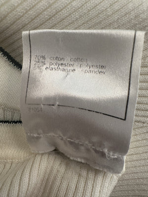 Chanel 08P Cream Sleeveless Knitted Short Dress with Silver CC Logo Button and Navy Hem Details Size FR 36 (UK 8)