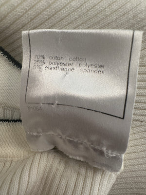 Chanel 08P Cream Sleeveless Knitted Short Dress with Silver CC Logo Button and Navy Hem Details Size FR 36 (UK 8)