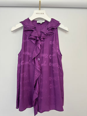 Chanel 22P Purple Silk Sleeveless Button Down Top with Ruffle Neckline and Logo Detail Size FR 38 (UK 10)