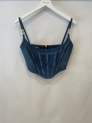 Versace Blue Denim Corset Bustier Top with Gold Medusa Details Size IT 42 (UK 10)