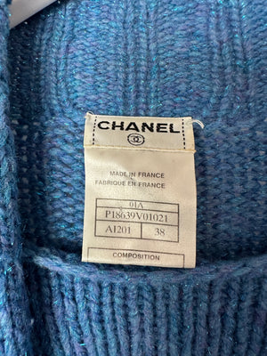 Chanel 01/A Blue Wool Jumper With Scarf Tie and Sparkle Detail Size FR 38 (UK 10)