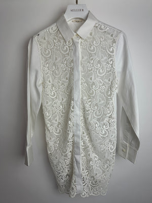Celine White Cotton Poplin Long Sleeve Shirt with Macrame Front Detail Size FR 38 (UK 10)