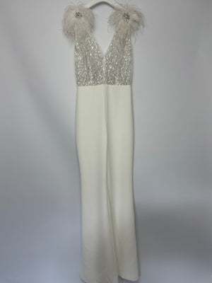 Nadine Merabi White Sequin and Feather Embellished Sleeveless Jumpsuit Size UK 8