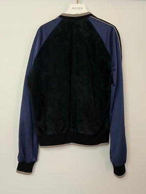 Lanvin Navy Menswear Navy Suede Bomber Jacket with Satin Arm Detail Size IT 48 (UK 36)