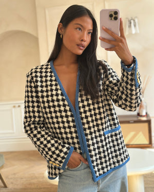 Gucci Black & White Houndstooth Wool Jacket with Electric Blue Thread Detail Size IT 36 (UK 4)