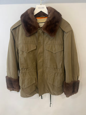 Gucci Khaki Jacket with Brown Mink Fur Trim and Shearling Lining with Logo Print Size IT 38 (UK 6)