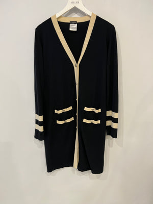 Chanel Black Cashmere Long Cardigan with Cream Trim Detail, Gold Glitter and Silver CC Buttons Size FR 38 (UK 10)