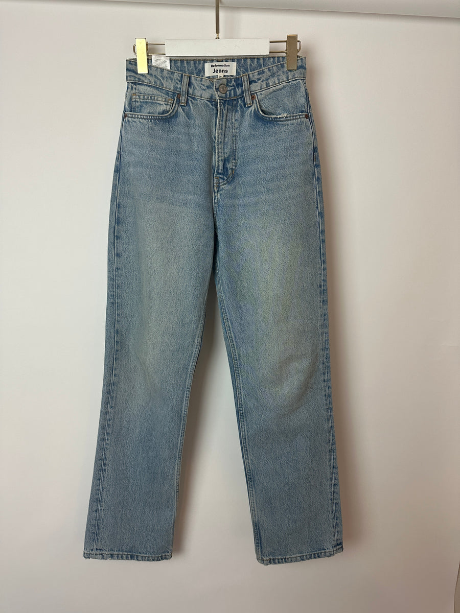 Reformation Light Blue Straight Fit Jeans with Distressed Pocket Detailing Size 24 (UK 6)