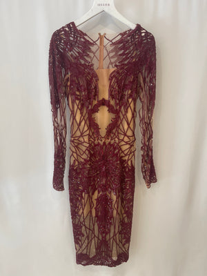 Zuhair Murad Burgundy Sequin Embellished Long-sleeve Midi Dress Size FR 34 (UK 6)