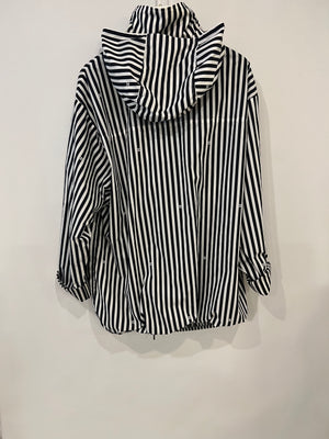 Chanel Black and White Striped Hooded Anorak Jacket with CC Logo Prints and CC Logo Buttons Size FR 36 (UK 8)