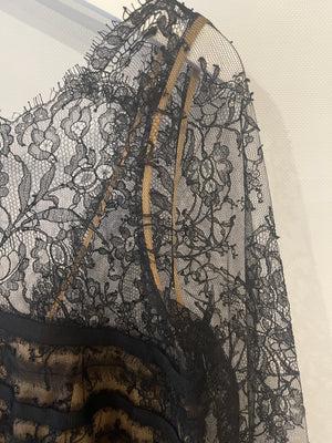 Oscar De La Renta Black and Nude Silk Lace Midi Dress With Bow Detail Size US 6 (UK 10)