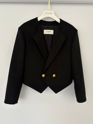 Celine Black Double Breasted Cropped Wool Jacket with Gold Triomphe Logo Button Detail Size FR 34 (UK 6)