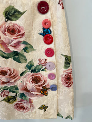 Dolce & Gabbana Pink Floral Mini Skirt with Large Button Details and Back Logo Size IT 40 (UK 8) RRP £800