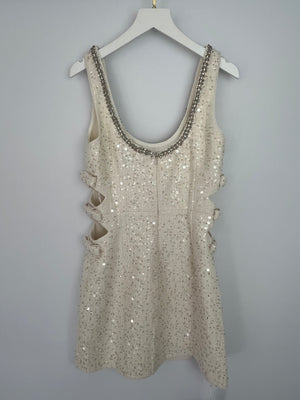 Self-Portrait Beige Boucle Cut Out Mini Dress with Embellished Detail Size UK 8