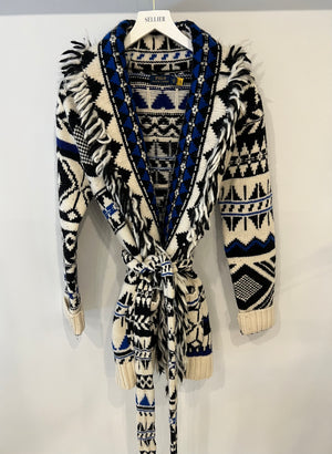 Polo Ralph Lauren White, Blue, and Black Wool-Blend Belted Cardigan with Fringe Trim Detail Size M (UK 10) RRP £795