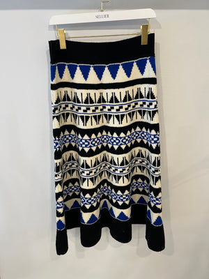 Polo Ralph Lauren White, Blue, and Black Wool and Cashmere Intarsia Knit Midi Skirt Size L (UK 12) RRP 495£