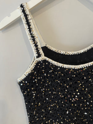 Chanel SS/23 Black Sequin Embellished Mini Dress with Bow and CC Crystal Buttons Details Size FR 36 (UK 8)