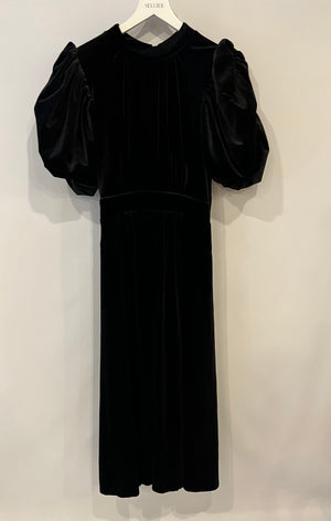 Rotate Black Velours Midi Dress with Puffy Sleeves and Open Back Detail Size FR 42 (UK 14) RRP £500
