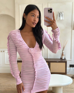 Magda Butrym Pink Long Sleeve Ruched Mini Dress with Rose Appliqué Detail Size FR 36 (UK 8)