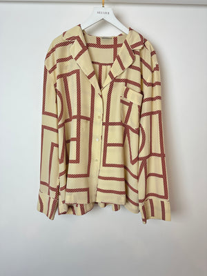 Toteme Silk Beige Long Sleeve Shirt and Shorts Set with Monogram Details Size XS (UK6)