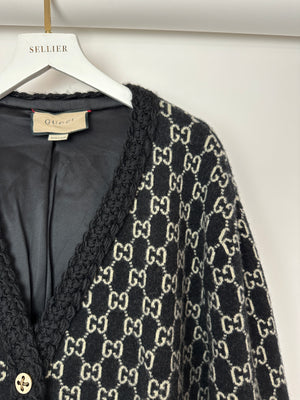 Gucci Black & White GG Supreme Wool Cardigan with Black Braided Trim & Cream Enamel Button Details Size XL (UK 16)