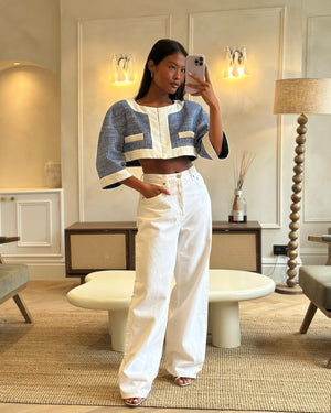 Chanel Blue and White Mid-Sleeve Cropped Jacket with Zip and Pockets Size FR 38 (UK 10)
