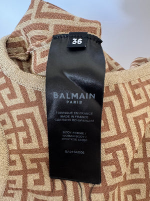 Balmain Gold Metallic Logo Print Bodysuit Size FR 36 (UK 8)