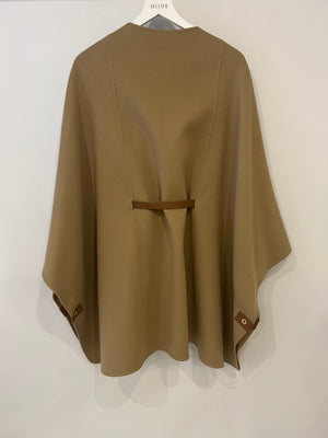 Loro Piana Beige Cashmere Cape With Brown Leather Trim and Gold Buttons One Size