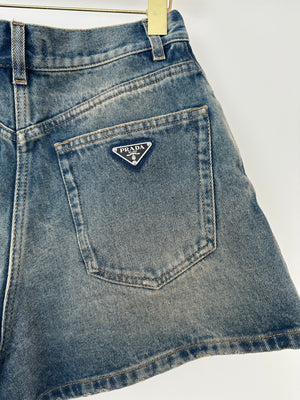 Prada Blue Denim Shorts with Logo Plaque Detail Size IT 40 (UK 8)