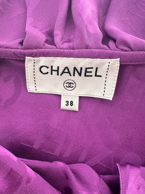 Chanel 22P Purple Silk Sleeveless Button Down Top with Ruffle Neckline and Logo Detail Size FR 38 (UK 10)