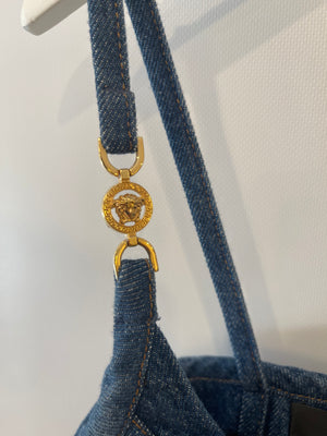 Versace Blue Denim Corset Bustier Top with Gold Medusa Details Size IT 42 (UK 10)